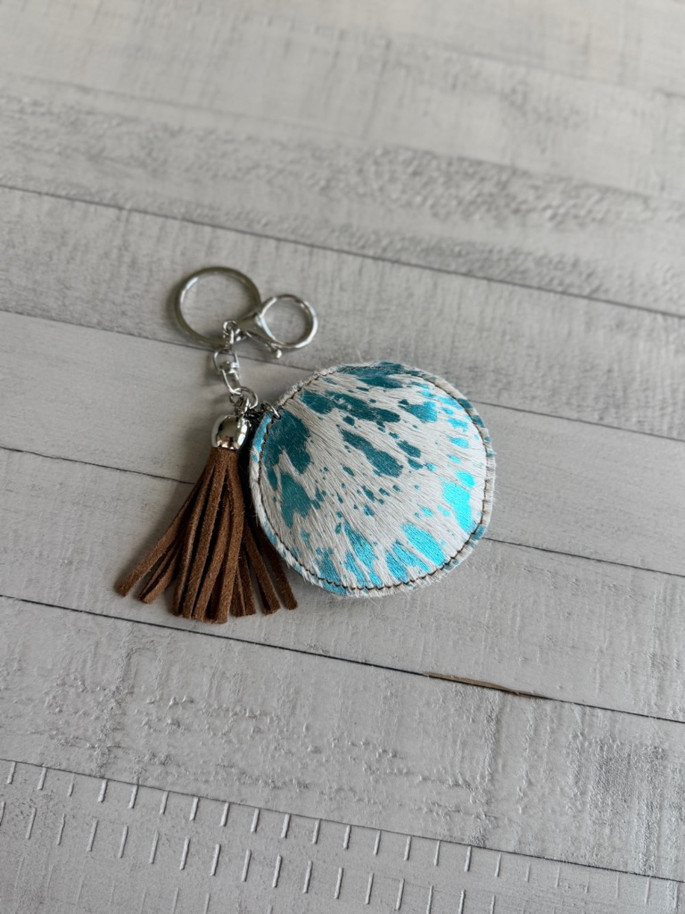 Western Acid Wash Round Turquoise & White Haircalf Keychain with Brown Tassel
